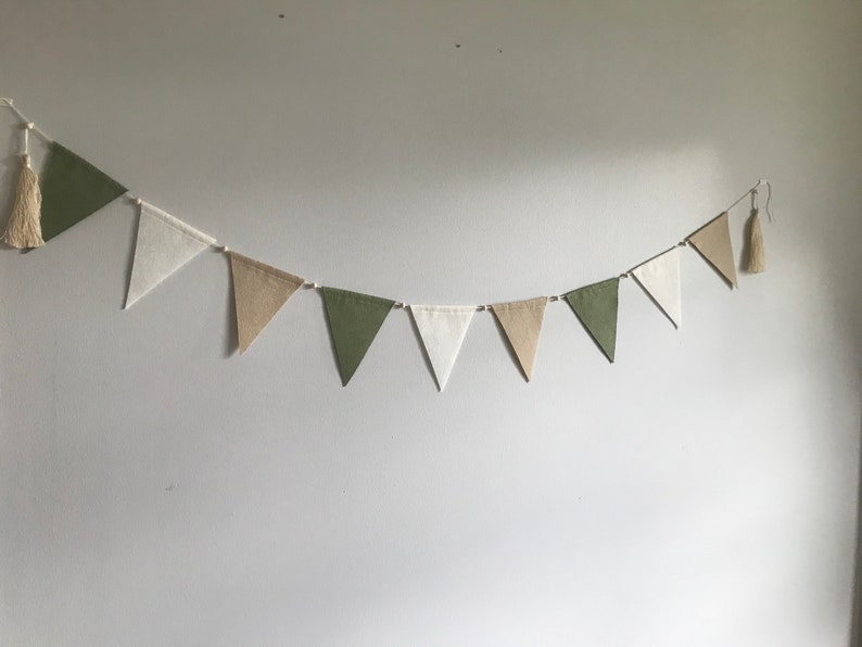 Sage green, beige & natural baby bunting, felt neutral bunting, kids bedroom bunting flags, neutral baby decor, shop wall decor, zdjęcie 8