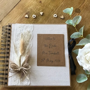 Álbum de recuerdos de cartas a la novia, libro de recuerdos del día de la boda, regalo de boda de hierba de la pampa, verde salvia claro, rosa ruborizado, rosa pastel, yute