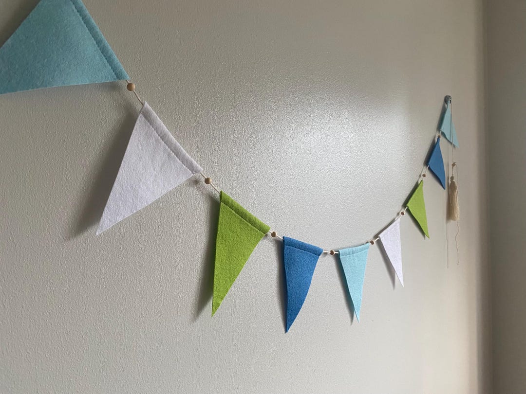 Blue, Leaf & Natural Kids Bunting Flags, Felt Boys Bedroom Banner, Kids ...