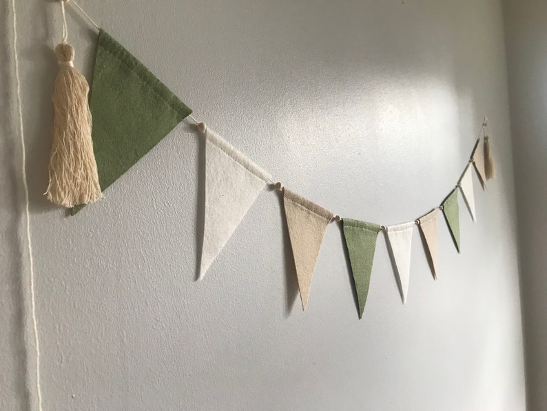 Sage green, beige & natural baby bunting, felt neutral bunting, kids bedroom bunting flags, neutral baby decor, shop wall decor, zdjęcie 1