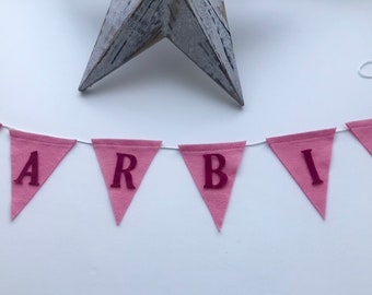 Pink wool felt bunting, personalised girls bedroom flags, baby gifts, personalised nursery garlands, barbie pink party bunting flags,