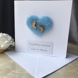 Kaart nieuwe babyjongen, kaart baby blauw vilten hart, kaart nieuwe zoon, kaart nieuwe ouders,