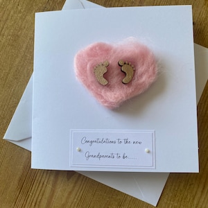Nouvelle carte faite main de grands-parents, nouvelle carte de petite fille, carte de bébé coeur en laine rose, carte de bébé faite main, jolie carte de bébé,