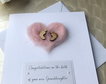 Handmade new Grandparents card, new granddaughter baby girl card, pink wool heart baby card, handmade baby card, cute new baby card,