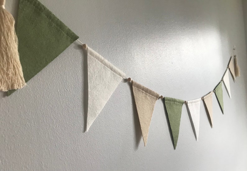 Sage green, beige & natural baby bunting, felt neutral bunting, kids bedroom bunting flags, neutral baby decor, shop wall decor, zdjęcie 4