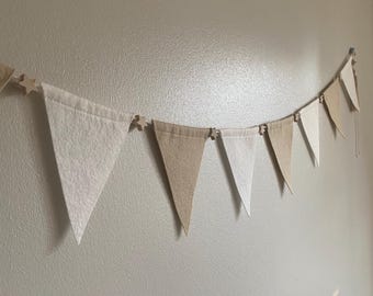 Beige Natural Felt Bunting, Boho Nursery Decor, Wooden Star Beads, Baby Wall Banner