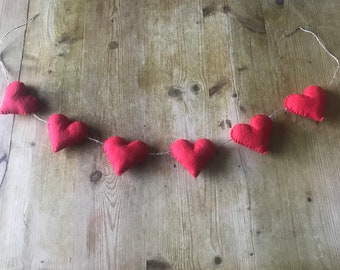Red felt valentine heart garland, red felt heart wall decor, padded red heart wall garland, 7cm size felt heart garland,