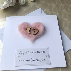 Handgemaakte nieuwe grootouderskaart, nieuwe kleindochter babymeisjeskaart, roze wollen hart babykaart, handgemaakte babykaart, schattige nieuwe babykaart,