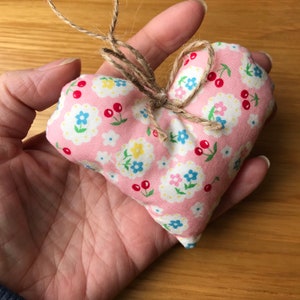 Könnte beinhalten: Ein rosa herzförmiges Kissen mit einem Blumenmuster mit kleinen blauen, gelben und rosa Blüten und roten Kirschen. Das Kissen ist mit einer braunen Schnur gebunden.