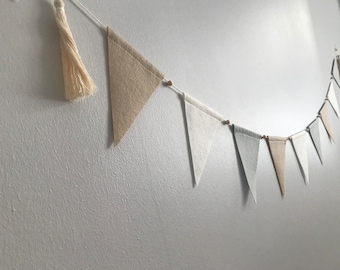 Boho felt baby bunting, neutral baby bunting, light grey and beige felt bead & tassel bunting,