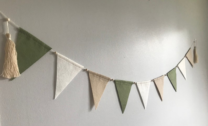 Sage green, beige & natural baby bunting, felt neutral bunting, kids bedroom bunting flags, neutral baby decor, shop wall decor, zdjęcie 2