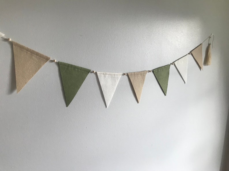 Sage green, beige & natural baby bunting, felt neutral bunting, kids bedroom bunting flags, neutral baby decor, shop wall decor, zdjęcie 9