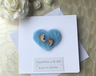 Handmade new grandson card, blue felted heart baby boy card, new grandson card, handmade new baby card, new grandparents card,