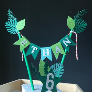 Tropical cake bunting, twins personalised jungle leaf cake decoration, birthday cake leaf decoration, jungle leaf theme cake bunting,