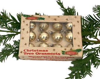 Vintage SHINY BRITE Gold Mercury Glass Ball Christmas Ornaments~12 Total~Original Box~Japan~Mini Gold Glass Xmas~Feather Tree Ornaments