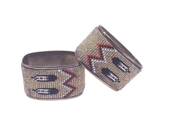Vintage Pair, Beaded Silver Metal Napkin Rings, Red Black White w/ Silver, Geometric Pattern