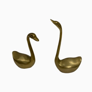 Vintage Brass Pair of Swans Ducks Geese~Small Mating Pair Swans Figurines~Swimming Swans~Boho~MCM~Nursery Decor