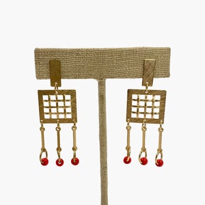 Vintage Gold Geometric EARRINGS w/ Red Glass Beads~Gold Metal Dangle Earrings w/ Posts~Boho~Art Deco~Modern Jewelry~Gift For Her