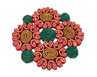 Vintage Sea Grass Trivet, Red Hearts & Circles Boho Decor