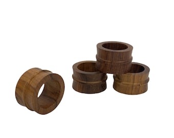 Mid-Century Modern Teak Napkin Rings, Hand-Carved Set of Four