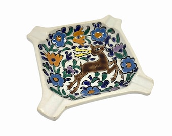 Vintage Mid Century Ceramic Ashtray, Deer and Floral Design, Signed Greece