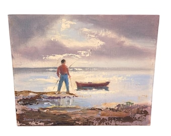 Small Vintage Signed Oil Painting: Coastal Landscape, Fisherman with Boat, 8x10