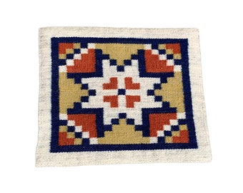 Vintage Extra Lrg. Mug Rug~Tiny Hand Woven Rug~Geometric Patterns~Wool w/ Linen~Rust Yellow Blue~Dollhouse Rug~Tabletop Rug