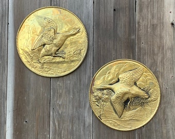 Pair of Vintage MCM Brass Ducks~Set of Two Flying Geese Birds Ducks~Embossed Brass Hanging Wall Decor~Nursery~Cabin~Hunting Decor