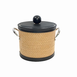 Vintage Reed and Black Faux Leather Ice Bucket~Kraftware Ice Bucket~Mid Century Mod Ice Bucket w/ Lid~Entertaining~Barware