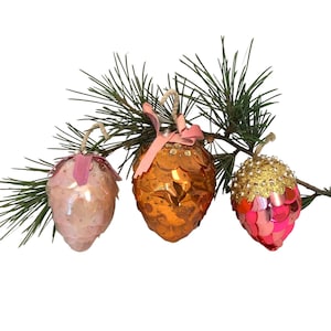 Set of 3 Vintage Pink and Copper Sequence PINECONES Christmas Ornaments~Handmade Sequence Pinecones Xmas Tree Ornaments