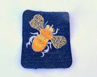 Vintage Denim Bee Patch, Embroidered Iron On Applique