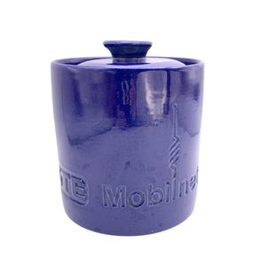 Vintage GTE Mobilnet Ceramic Container Vessel with Lid~Cobalt Blue Glaze~Kitchen Storage~Advertisement
