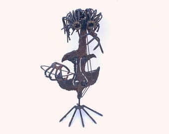 Vintage MCM Brutalist Metal Cello Musician Sculpture, Folk Art Figurine