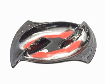 Mid-Century Modern Ceramic Ashtray: Black, Red, & White Drip Glaze
