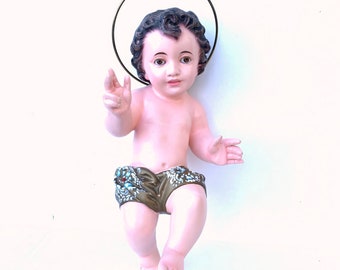 Vintage Plaster Baby Jesus Figurine, Glass Eyes, Metal Halo, Nativity Scene