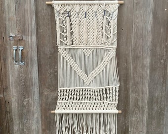 Grand vintage Macrame Knotted Wall Hanging~Cream White Cotton Rope w/ Blues~Hand Crafted Boho~Southwestern Wall Art~70's Decor