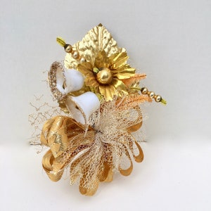 Vintage Christmas Corsage~Holiday Pin Pick~Bells w/ Gold Glitter~Mercury Balls~Bottle Brush Xmas Trees~Holiday~ Party Jewelry~Xmas Decor