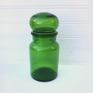 Vintage Green Glass Apothecary Jar Container Vessel with Airtight Lid~Mid Century Modern Storage~Bubble Lid Jar Belgian