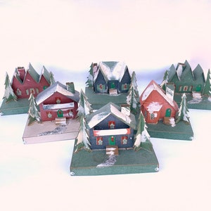 Vintage 1940&#39;s PUTZ Christmas Village HOUSES~6 Unique Putz Cardboard Houses~Made in USA~Xmas~Nativity Scene~Train Decor