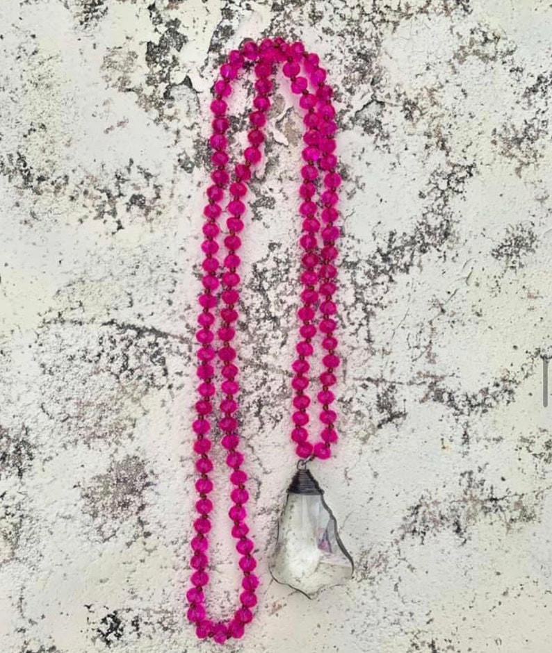 Pink crystal beaded necklace clear stone pendant free shipping !