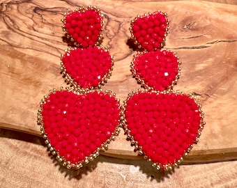 Red heart valentine, earrings, beaded pierced ears, triple heart FREE SHIPPING!