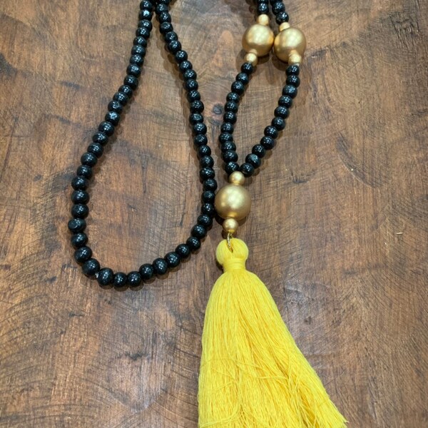 Yellow black gold wood beaded cotton TASSEL necklace Game day jewlery!  Steelers inspired! FREE SHIPPING!
