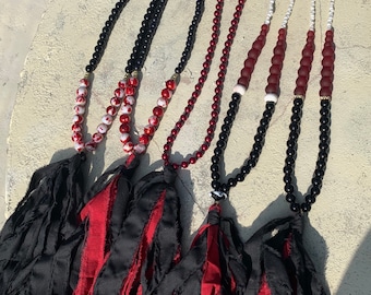 Black and Garnet fabric tassel beaded necklaces handmade Gameday jewelry free shipping