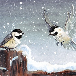 First Snow Chickadee Chickadees - Bird Watercolor Painting - Wildlife Art Print - Nursery Wall Decor - Kids Room - Home Decor - Boy Girl