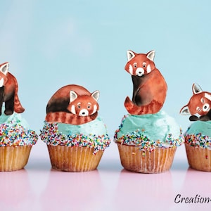 Red Panda Cupcake Toppers, Cake Decorations, Set of 8 Wood Cutout Shapes from Original Art by Samantha Bell
