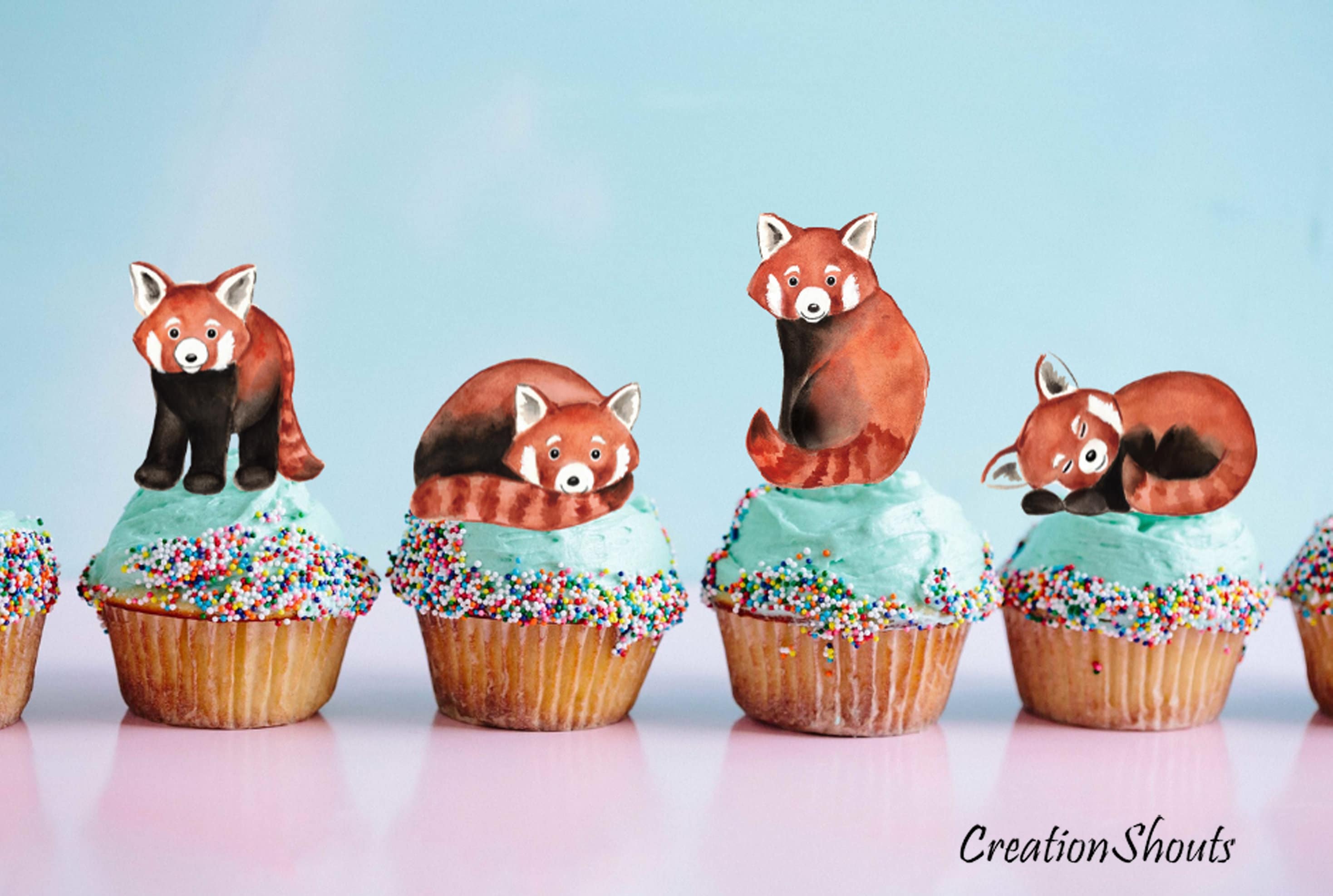 Red Panda Cupcake Toppers, Cake Decorations, Set of 8 Wood Cutout Shapes from Original Art by Samantha Bell
