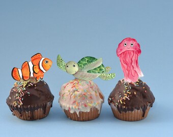 Cute Sea Creatures Wooden Cupcake Toppers - Set of 8 Painted Wood Cutout Shapes - Turtle Starfish Dolphin Seahorse Octopus | Creation Shouts