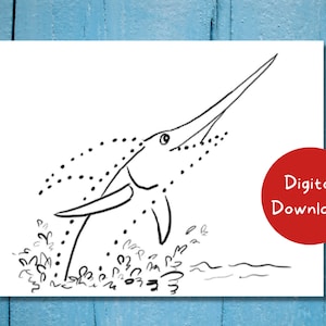 May include: Black and white line drawing of a swordfish jumping out of the water. The swordfish is facing right and has a long, pointed bill. The water is represented by a wavy line at the bottom of the image.