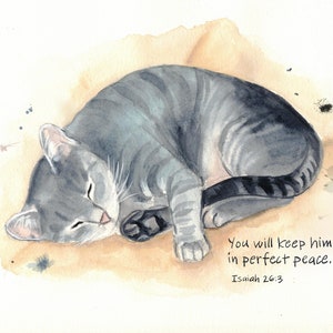 May include: Watercolour painting of a grey tabby cat sleeping on a light brown background. The cat is curled up with its head resting on its paws. The text "You will keep him in perfect peace... Isaiah 26:3" is written below the cat.