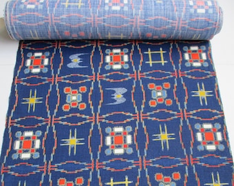 Japanese kimono fabric - Wool - woven - Ikat style - Colour Blue, vermilion, white, golden yellow and beige - Available in various lengths.